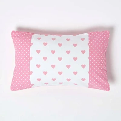 Image of HOMESCAPES Hearts and Polka Dots Cushion Cover 30 x 50 cm Rectangular 12 20 Inches Pink White Patchwork 100% Cotton Sofa Pillow Washable