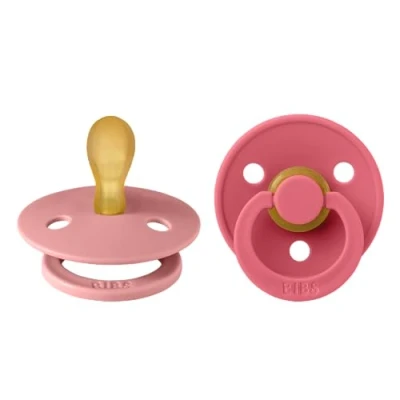 Image of BIBS Colour Symmetrical Soother 2 Pack, BPA Free Dummy Pacifier, Nipple. Natural Rubber Latex, Made in Denmark, Size 1 (0 6 Months), Dusty Pink/Coral