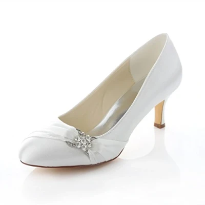 Image of Emily Bridal Wedding Shoes Women&#039;s Satin Stiletto Heel Closed Toe Pumps with Rhinestone (EU39/UK6, Off White)
