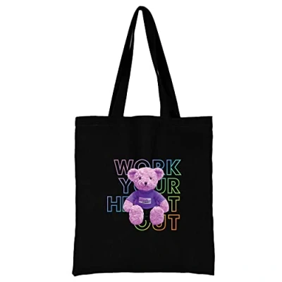 Image of Bear Printed Canvas reusable grocery Bags, Foldable Casual Travel HandBag, Shoulder Beach Tote Shopper bag eco friendly super strong washable Storage bags Shopping for Women