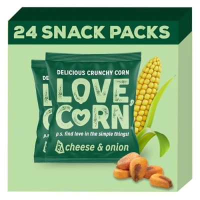 Image of LOVE Corn Cheese &amp; Onion Crunchy Snack 20g x 24 Bags Healthy Snacks Ideal for Gluten Free Vegan Diets Low Sugar Alternative Crisps, Mixed Nuts Pretzels Perfect To Graze On