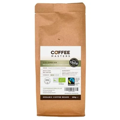 Image of Coffee Masters Colombian Organic Beans 200g Fairtrade Single Origin 100% Arabica Light Roasted Whole Ideal for Espresso Machines Great Taste Award Winner
