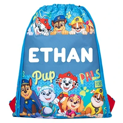 Image of Paw Patrol Personalised Drawstring Bag For Kids PE School Gift Swimming Blue