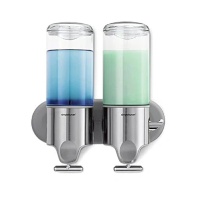 Image of simplehuman BT1028 444ml Twin Wall Mounted Soap Dispenser Pump for Soap, Shampoo, Conditioner, Shower Gel, Suitable Bathroom, Easy to Install, Rustproof, Brushed Stainless Steel