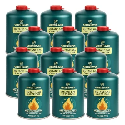 Image of Green Haven Premium 12 Pack C500 Gas Canisters Cartridges for Camping Stoves &amp; More High Performance Propane Butane Mix with Resealable Valve EN417 Cartridge