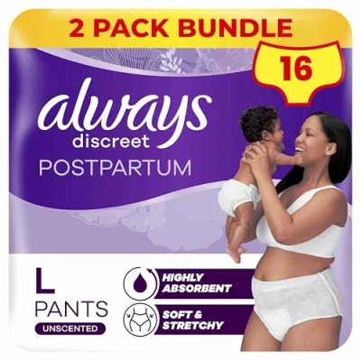Image of Always Discreet Postpartum and Adult Incontinence Pants Size L Pack of 8 x 2