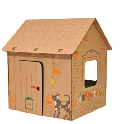 Image of Annahouse creative Outlined brown cardboard house Playhouse Cabin with nice animals and big roof for painting pencils, crayons, gouache colors, finger paints, DIY, 3D, Large, 3+ years