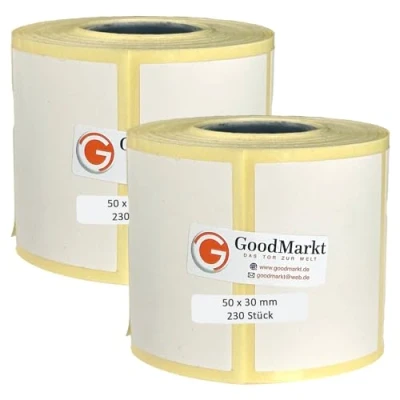 Image of GoodMarkt Thermal Direct Labels self Adhesive 50x30 mm 2 Rolls, White, 460 Compatible with Brother, Zebra, Phomemo House Labels, Barcode jam