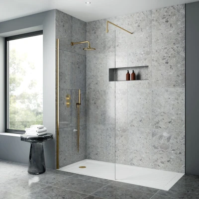 Image of nuie WRSCBB090 Modern Bathroom 8mm Toughened Safety Glass Wetroom Screen with Support Bar, 900mm, Brushed Brass