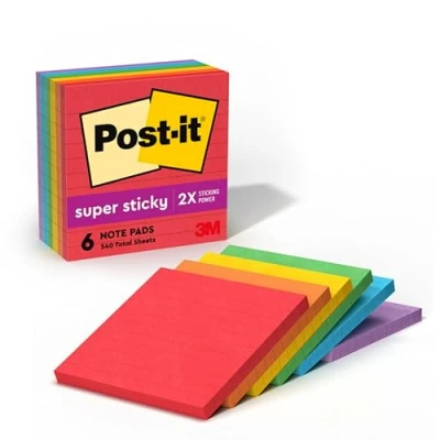 Image of Post it Super Sticky Notes, 4x4 in, 6 Pads, 2X The Sticking Power, Playful Primaries, Primary Colors (Red, Yellow, Green, Blue, Purple), Recyclable (6445 SSP)