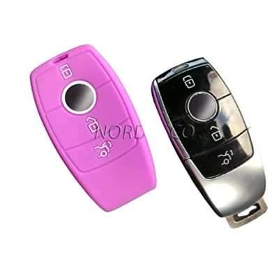 Image of Nordecco Silicone Key Case Protective Cover Compatible With 3/4 Button Fob 2017 2018 Mercedes Benz C Class AMG E S CLA GLA Hybrid W213 (Purple)
