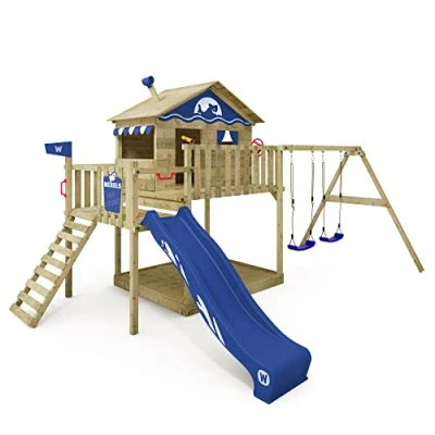 Image of WICKEY Wooden climbing frame Smart Coast with swing set &amp; blue slide, Outdoor kids playhouse sandpit, ladder play accessories for the garden