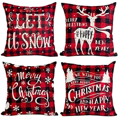 Image of Christmas Cushions Covers Set Of 4, Decorations, Red Black Tartan Design Cushion Covers,Linen Xmas Covers,Christmas Pillows Cases For Home Indoor Sofa Decorations