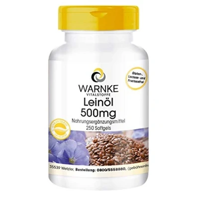 Image of Linseed Oil Capsules Vegetable Omega 3 6 9 High Dose Flaxseed 500mg 250 Softgels Bulk Pack Warnke Vitalstoffe German Pharmacy Quality