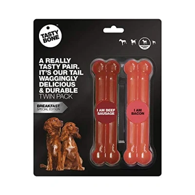 Image of TastyBone Twin Pack Nylon Dog Chew Toys for Small Dogs (Beef Sausage &amp; Bacon) Indestructible Aggressive Chewers, Everlasting Flavour, Strong Healthy Teeth, Made in the UK