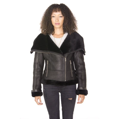 Image of Infinity Women&#039;s Short Black Merino Sheepskin Aviator Leather Jacket 2XL