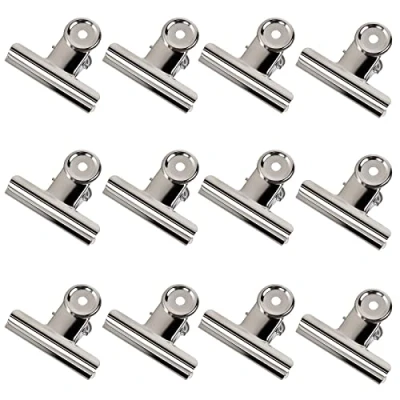 Image of GUOKOFF Metal Bulldog Clips Silver, 12 Pcs 50mm Medium Bull Hinge Clip Binder, Paper Binder Stainless Clamp for Picture Photo Home Office