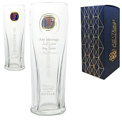Image of Personalised Engraved Fosters Pint Glass, Gift Boxed, Personalise with Any Message for Occasion, Stylize a Variety of Fonts, Box Included, Laser