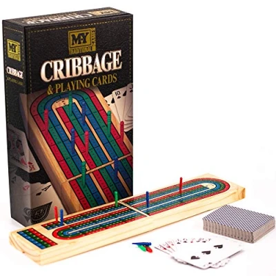 Image of M.Y Deluxe Solid Wood Cribbage Board &amp; Playing Cards Traditional Card Game