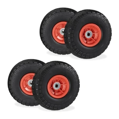 Image of Relaxdays Wheelbarrow Tyres, Set of 4, Puncture Proof Rubber, 4.1/3.5 4&quot;, up to 150 kg, 260x85 mm, Spare Wheel, Red, 26 x 8.5 cm