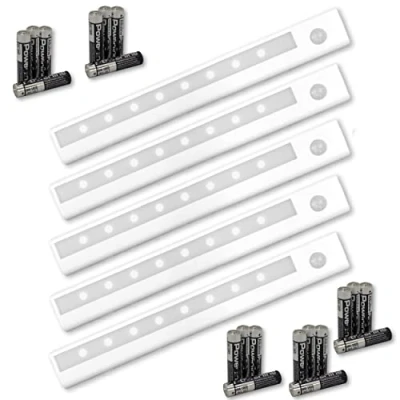 Image of EPOSGEAR Minder 8 LED Stick On Adhesive Motion Activated PIR Cordless Sensor Light Bar Perfect for use in Kitchens, Cupboards, Wardrobes, Closets and Other Low Areas (5 Lights with Batteries)