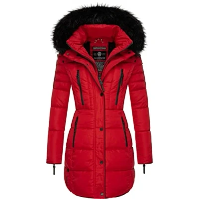 Image of Marikoo Moonshine Long Ladies’ Winter Puffer Coat with Faux Fur Red L