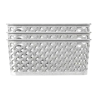 Image of Curver My Style Rattan Effect Set of 3 Kitchen, Living room, Bathroom, Bedroom, Utility Medium Rectangular Storage Baskets 12 Litres Grey