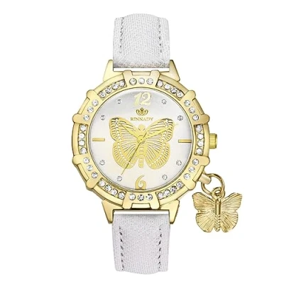 Image of JewelryWe Leather Wrist Watch for Women Round Analog Quartz Stylish Bling Rhinestones Butterfly Dress Xmas