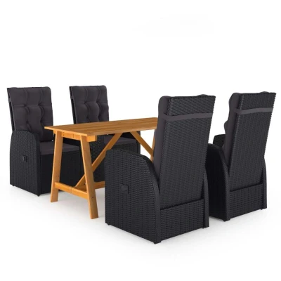 Image of Vidaxl 5 Piece Garden Dining Set with Cushions Black Poly Rattan