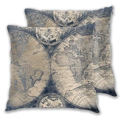 Image of Myhou Antique World Map Champagne Gold Navy Blue Cushion Covers 18x18 Inch Soft Square Decorative Throw Pillowcases for Livingroom Sofa Bedroom 45cmx45cm,Pack of 2