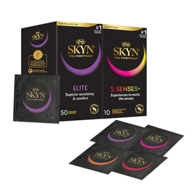 Image of SKYN Elite Condoms Pack of 50 &amp; 5 Senses 10 / Skynfeel Latex Free for Men, Ultra Thin Soft Condoms, Raised Dots, Cocktail Flavoured, Warming, Cooling