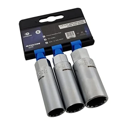Image of Dunnet Tools 3 Piece Spark Plug Socket Set 14 16 18mm Metric 3/8&quot; Drive Thin Wall Kit Repair Rubber Insert Service Mechanic