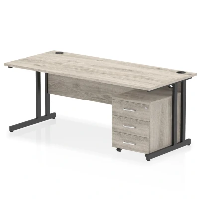 Image of Impulse 1800x800 Desk Grey Oak/Black Cantilever 3 Drawer Mobile Ped