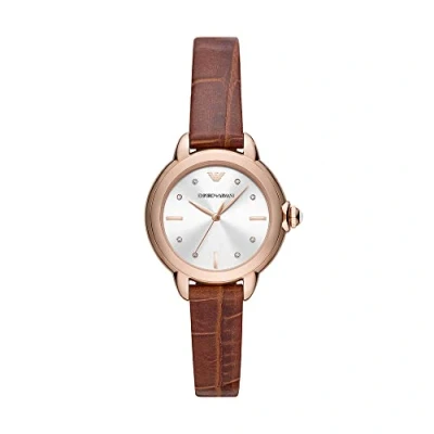 Image of Emporio Armani Watch for Women , Three Hand movement, 32MM Rose Gold Recycled Stainless Steel (At Least 50%) case with a Leather strap, AR11525