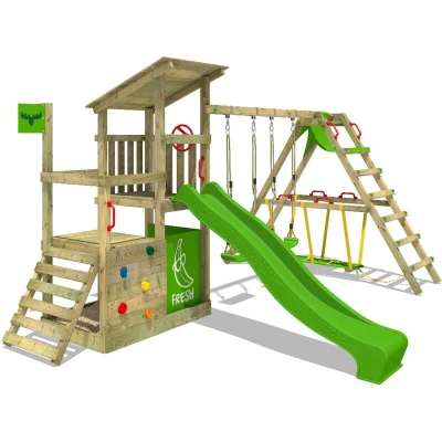 Image of Fatmoose FruityForest Fun XXL Play Tower Climbing Frame with Surf Attachment, Swing &amp; Apple Green Slide, Outdoor Children&#039;s Sandpit, Ladder Accessories for the Garden