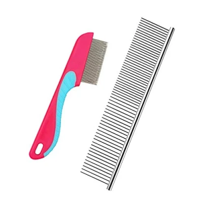 Image of Dog Comb, Cat Pet Metal Steel Grooming Comb for Removing Tangles and Knots (Slive + Pink)