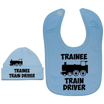 Image of Acce Products Trainee Train Driver Baby Feeding Bib &amp; Beanie Hat 6 12 Months Blue