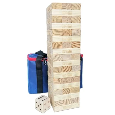 Image of Jac &amp; Mok Tumble Tower Wooden Toppling Blocks Game set,Large Table Top Stacking Timber Games with Carrying Bag (54 pcs Large Dice)