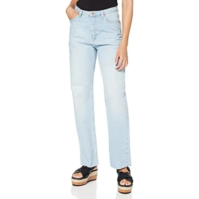 Image of NA KD Women&#039;s Straight High Waist Raw Hem Jeans, Light Blue, 14 UK
