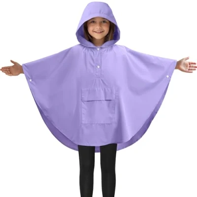 Image of JEMIDI Kids Rain Poncho Waterproof &amp; Breathable Exciting Water Reaction Pattern Unisex Design Includes Front Pocket Carry Bag Purple, Large Size (11 15 Years)