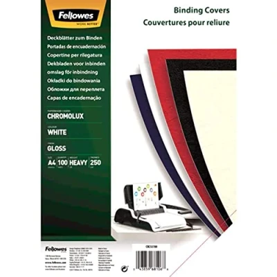 Image of Fellowes A4 100 Percent Recyclable Chromolux Gloss Binding Covers, Heavyweight, 250 gsm Presentation FSC, White, Pack of