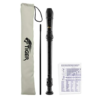 Image of Tiger REC2 BK Descant Recorder Three Piece School, Beginners with Bag and Cleaning Rod Fingering Chart Black