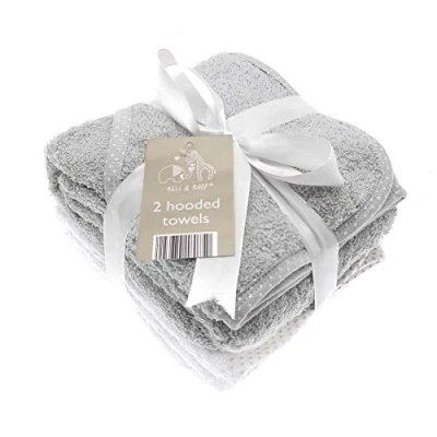 Image of Pack of 2 white and Grey Elli Raff Baby Hooded Bath Time Towel 100% Cotton Gift
