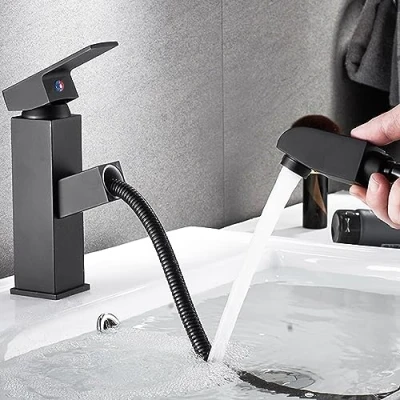Image of Basin Tap Black Extendable Removable Stainless Steel Single Handle Cold and Hot Water 2 Hoses Included Bathroom Matte
