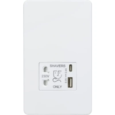 Image of KnightsBridge Shaver socket with dual USB A+C (5V DC 2.4A shared) matt white