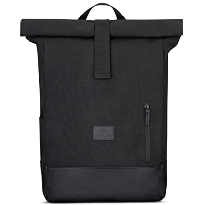 Image of Johnny Urban Roll Top Backpack Women &amp; Men Black Adam Large Durable Daypack from Cotton Canvas Vegan Leather 18 22 Litre Rucksack Water Repellant 15.6 Laptop Compartment
