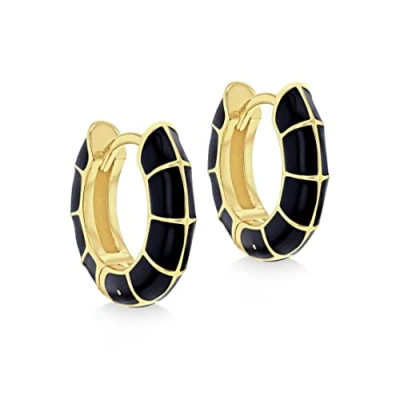 Image of Tuscany Silver Women&#039;s Sterling Yellow Gold Plated 15mm Black Squares Enamel Huggie Hoop Earrings