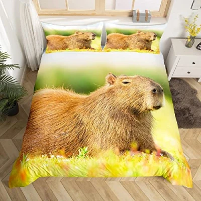 Image of Manfei Wild Capybara Duvet Cover Set Single Size, South America Rodents Comforter with 1 Pillowcase, 3D Animal Print Bedding 2pcs for Kids Boys Teens Room Decor Lightweight Bedspread