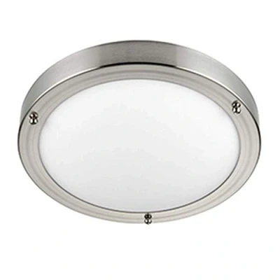 Image of Saxby Portico LED Bathroom Ceiling Light IP44 9W Cool White Flush Module Satin Nickel Finish Frosted Glass 220 240V