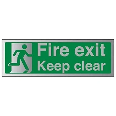 Image of V Safety Fire Exit Keep Clear Sign 300mm x 100mm Self Adhesive Alu Effect